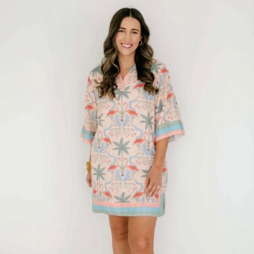 Marigold By Victoria Dunn Zara French Linen Dress Palm Trees Flamingo‎ Size XL T